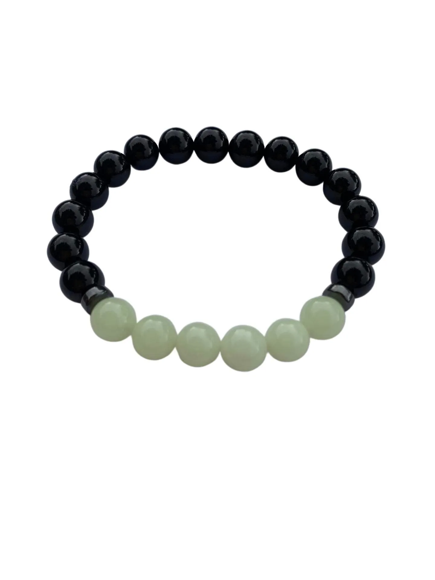 Aragonite Green/Yellow with Onyx Bracelet 8 mm Round Beads - Naturally Glows in the Dark