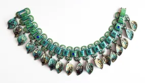 Dangling Blue Leaves Enamel & Bookchain Bracelet with Rhinestones