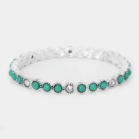 Turquoise Colored Stone & Crystal Antique Silver Stretch Bracelet